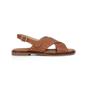 Estoyo Tan Leather Studded Crossover Sandals for Women