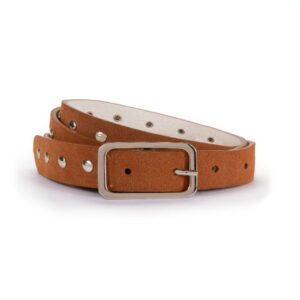Estoyo Tan Suede Studded Skinny Belt – Elegant Women’s Fashion Accessory